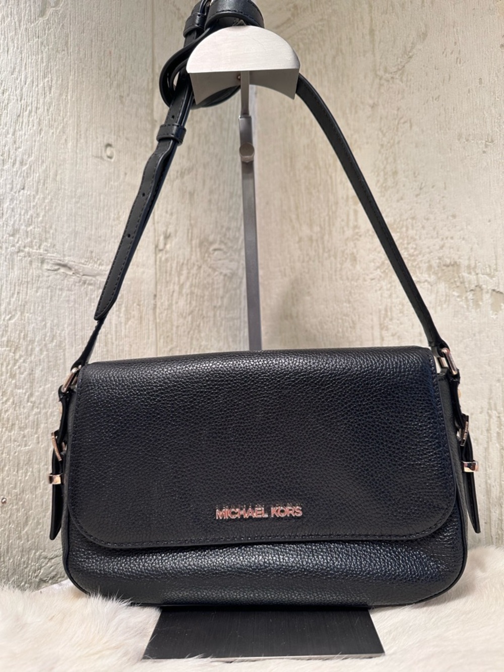 Michael Kors Black Pebbled Leather Shoulder Bag with Gold Logo